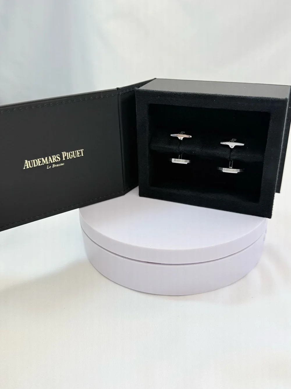 Audemars Piguet Black and Silver Round Grid Cufflinks